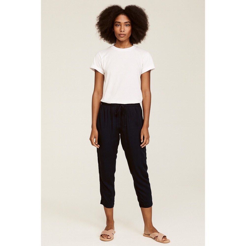Johnny Was Cropped Drawstring Pants Medium Navy Blue Coastal Chic Travel Capri